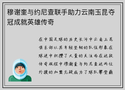 穆谢奎与约尼查联手助力云南玉昆夺冠成就英雄传奇